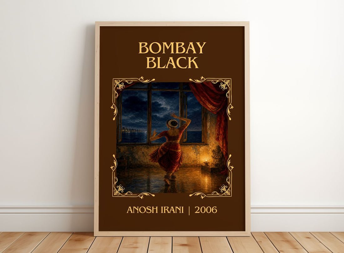 Bombay Black Classic Book Art Print by Anosh Irani – framed print leaning on a wooden floor