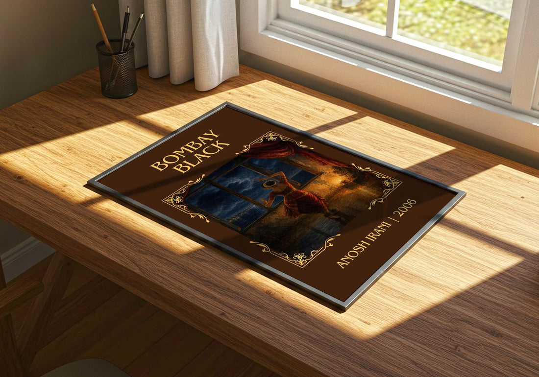 Bombay Black Classic Book Art Print by Anosh Irani – print on a sunlit desk