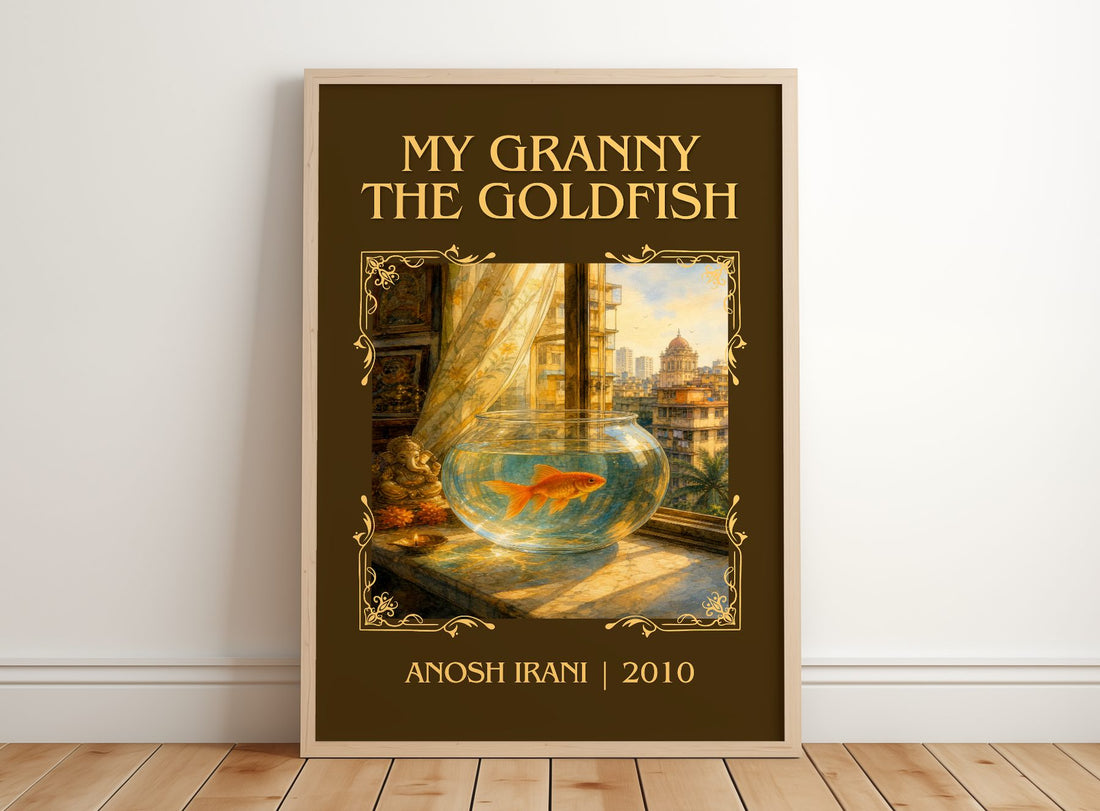 My Granny The Goldfish Classic Book Art Print by Anosh Irani – framed print leaning on a wooden floor