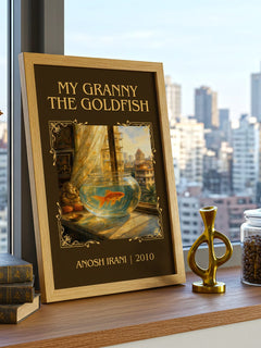 My Granny The Goldfish Classic Book Art Print by Anosh Irani – framed print on a city-view windowsill