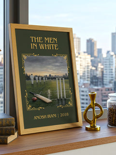 The Men In White Classic Book Art Print by Anosh Irani – framed print on a city-view windowsill