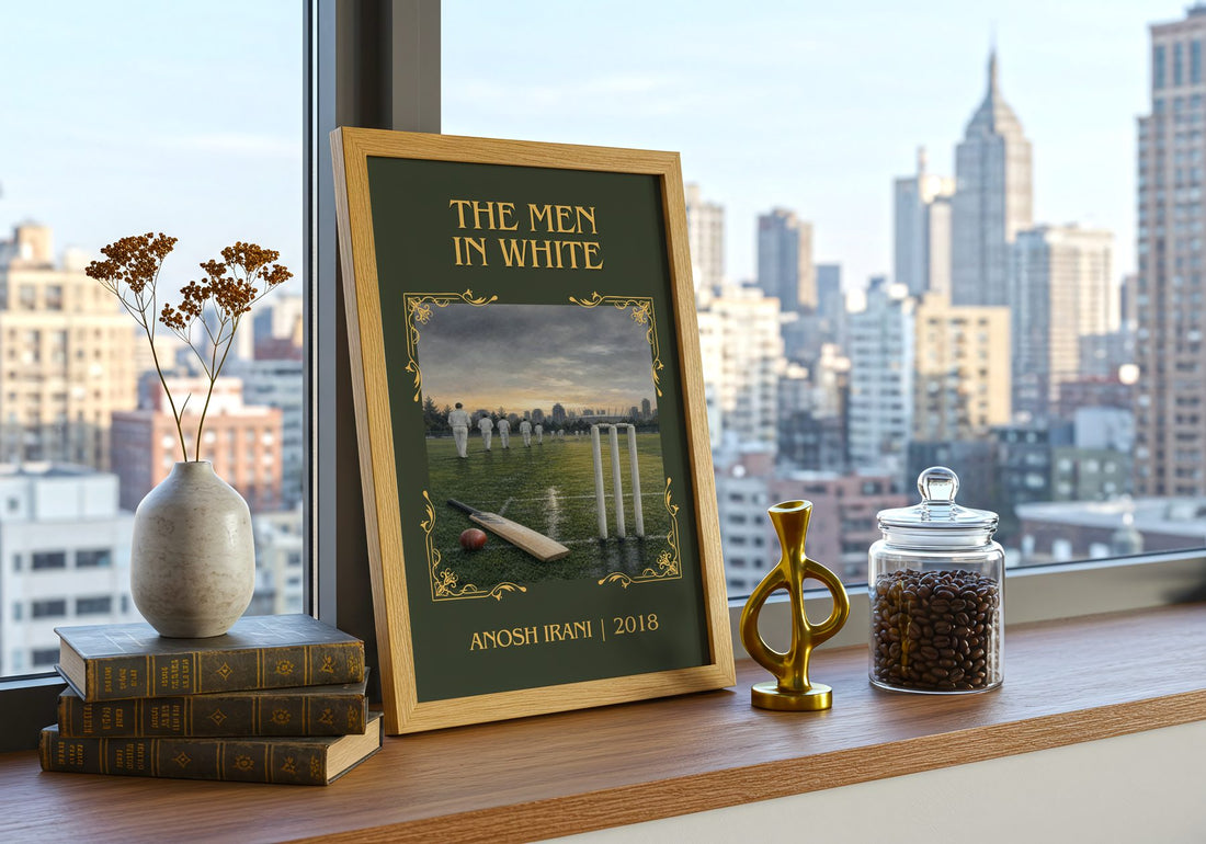 The Men In White Classic Book Art Print by Anosh Irani – framed print on a city-view windowsill
