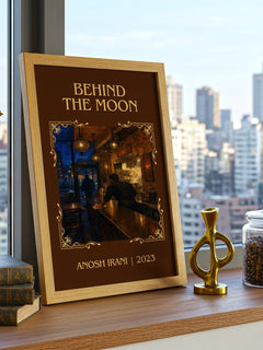 Behind The Moon Classic Book Art Print by Anosh Irani – framed print on a city-view windowsill