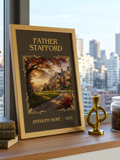 Father Stafford Classic Book Art Print by Anthony Hope – framed print on a city-view windowsill