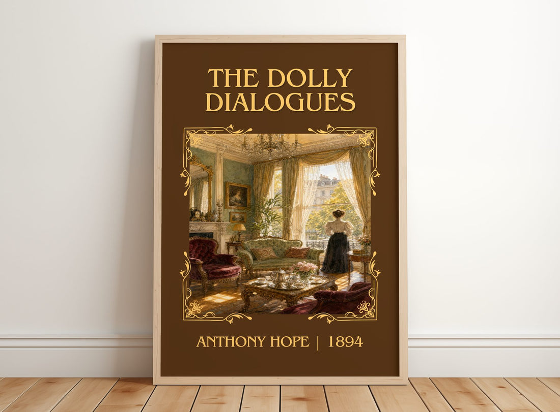 The Dolly Dialogues Classic Book Art Print by Anthony Hope – framed print leaning on a wooden floor