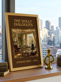 The Dolly Dialogues Classic Book Art Print by Anthony Hope – framed print on a city-view windowsill