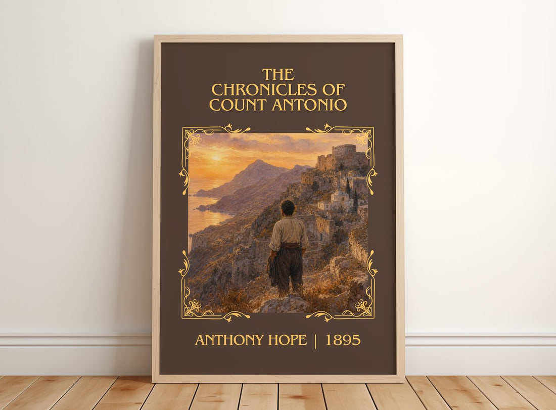 The Chronicles Of Count Antonio Classic Book Art Print by Anthony Hope – framed print leaning on a wooden floor