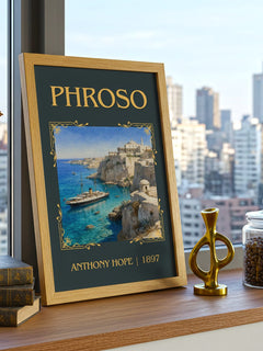 Phroso Classic Book Art Print by Anthony Hope – framed print on a city-view windowsill