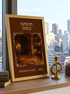 Simon Dale Classic Book Art Print by Anthony Hope – framed print on a city-view windowsill