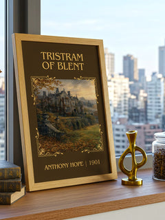 Tristram Of Blent Classic Book Art Print by Anthony Hope – framed print on a city-view windowsill