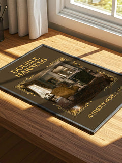 Double Harness Classic Book Art Print by Anthony Hope – print on a sunlit desk