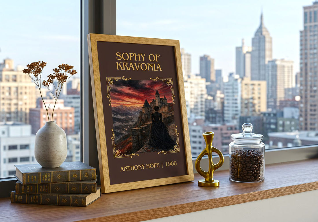 Sophy Of Kravonia Classic Book Art Print by Anthony Hope – framed print on a city-view windowsill