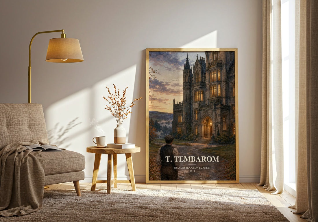 T. Tembarom watercolour print in frame leaning in hallway – romance wall art (mockup)