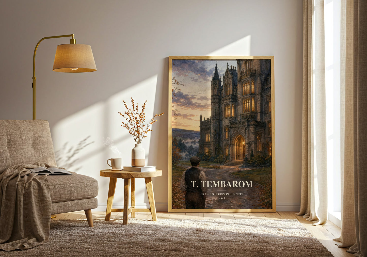 T. Tembarom watercolour print in frame leaning in hallway – romance wall art
