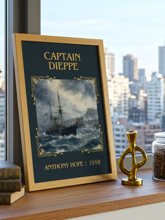 Captain Dieppe Classic Book Art Print by Anthony Hope – framed print on a city-view windowsill