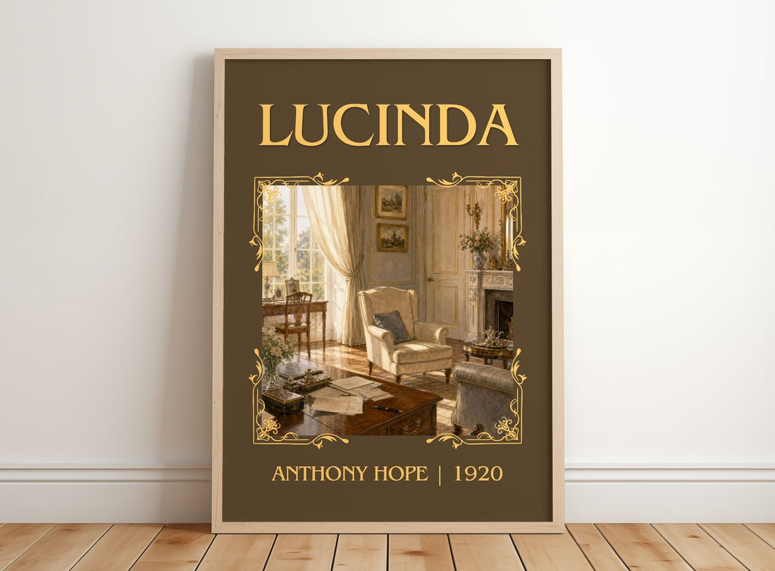 Lucinda Classic Book Art Print by Anthony Hope – framed print leaning on a wooden floor