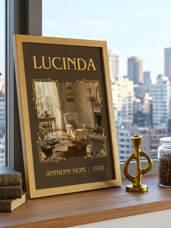 Lucinda Classic Book Art Print by Anthony Hope – framed print on a city-view windowsill
