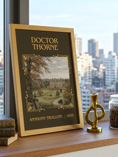 Doctor Thorne Classic Book Art Print by Anthony Trollope – framed print on a city-view windowsill