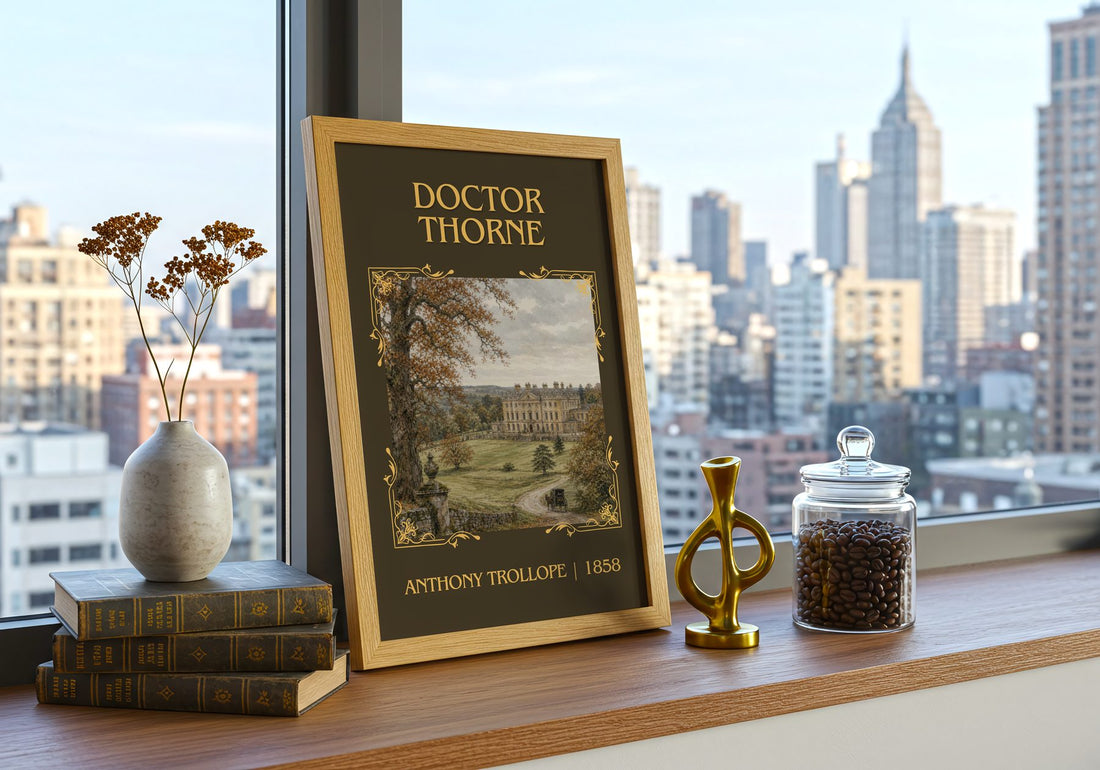 Doctor Thorne Classic Book Art Print by Anthony Trollope – framed print on a city-view windowsill