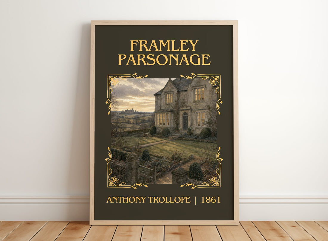 Framley Parsonage Classic Book Art Print by Anthony Trollope – framed print leaning on a wooden floor