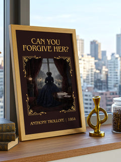 Can You Forgive Her? Classic Book Art Print by Anthony Trollope – framed print on a city-view windowsill
