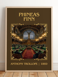 Phineas Finn Classic Book Art Print by Anthony Trollope – framed print leaning on a wooden floor