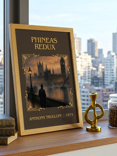 Phineas Redux Classic Book Art Print by Anthony Trollope – framed print on a city-view windowsill