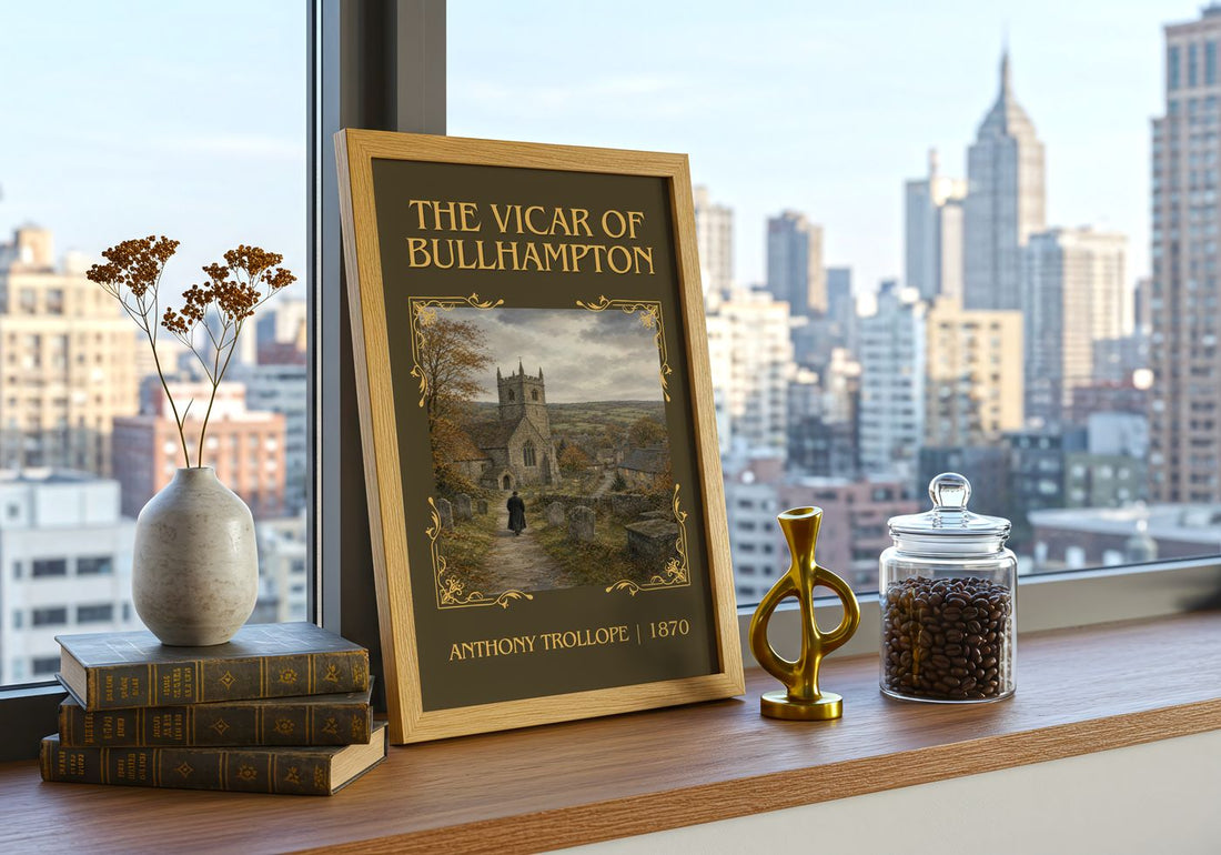 The Vicar Of Bullhampton Classic Book Art Print by Anthony Trollope – framed print on a city-view windowsill