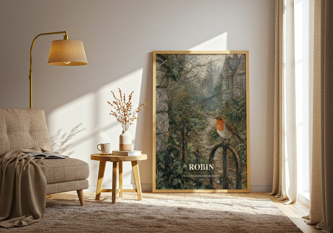 Robin watercolour print in frame leaning in hallway – historical fiction wall art (mockup)