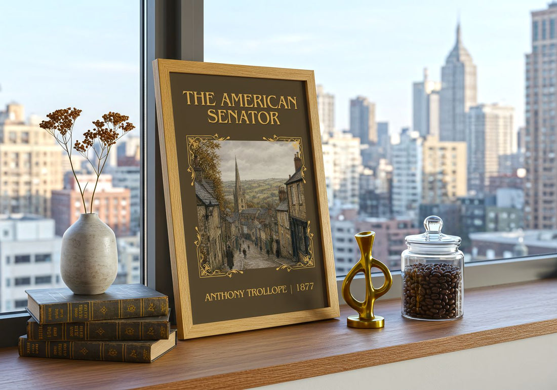 The American Senator Classic Book Art Print by Anthony Trollope – framed print on a city-view windowsill