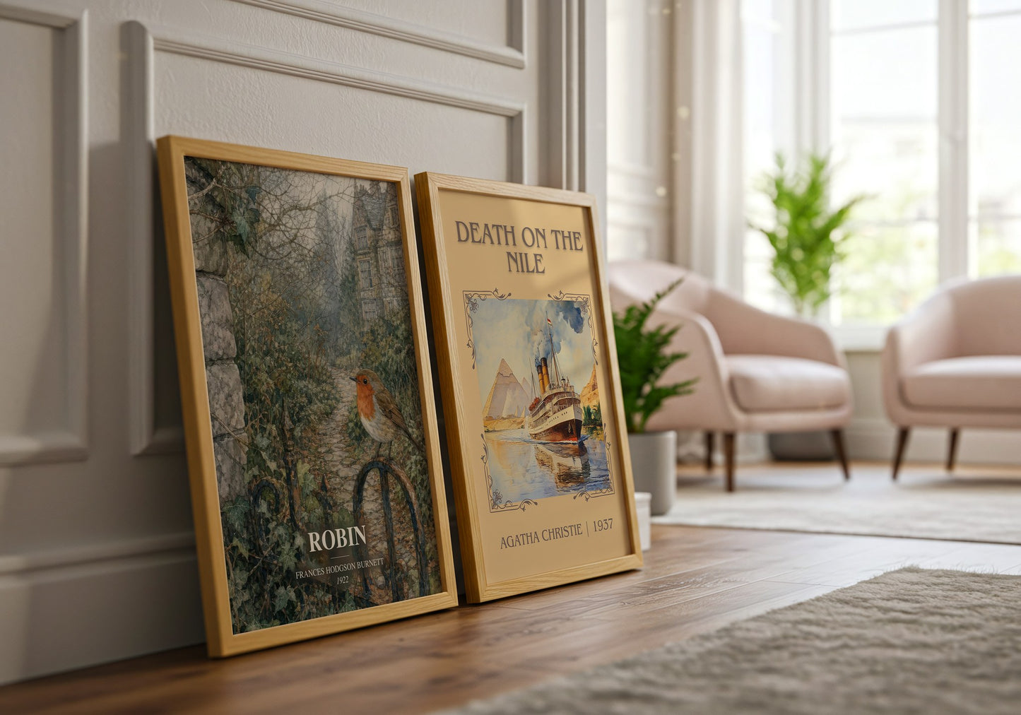 Robin watercolour print framed by window – literary home decor
