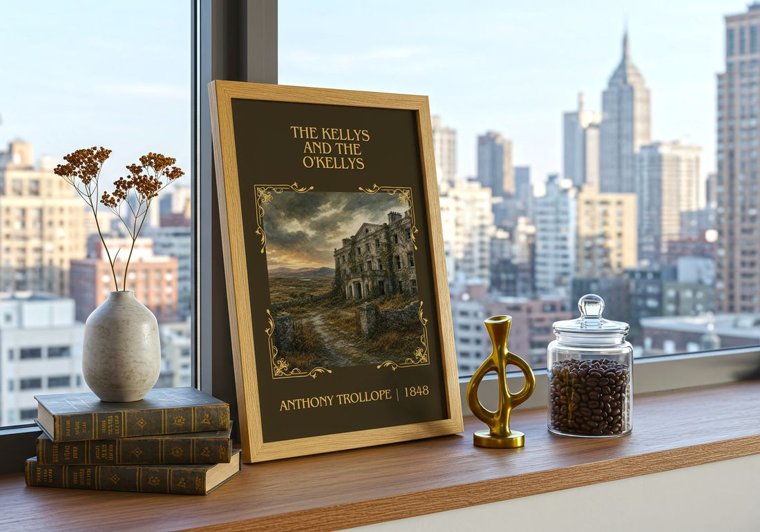 The Kellys And The O'Kellys Classic Book Art Print by Anthony Trollope – framed print on a city-view windowsill