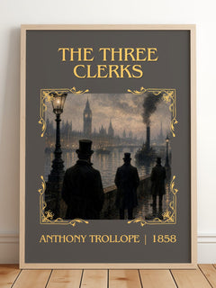 The Three Clerks Classic Book Art Print by Anthony Trollope – framed print leaning on a wooden floor
