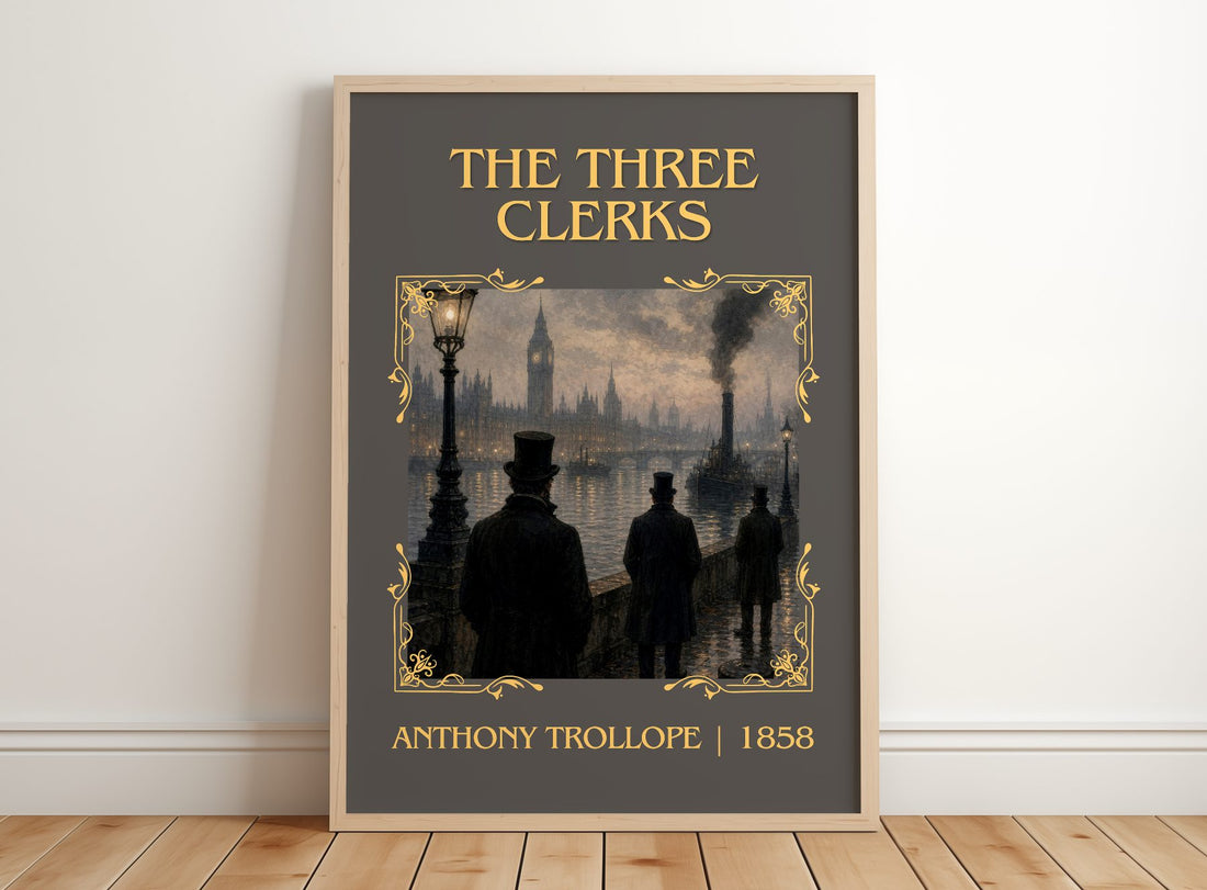 The Three Clerks Classic Book Art Print by Anthony Trollope – framed print leaning on a wooden floor