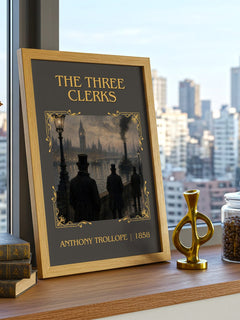 The Three Clerks Classic Book Art Print by Anthony Trollope – framed print on a city-view windowsill