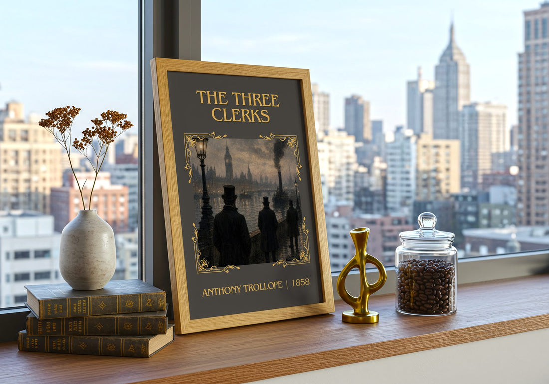 The Three Clerks Classic Book Art Print by Anthony Trollope – framed print on a city-view windowsill