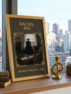 Rachel Ray Classic Book Art Print by Anthony Trollope – framed print on a city-view windowsill
