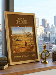 Harry Heathcote Of Gangoil Classic Book Art Print by Anthony Trollope – framed print on a city-view windowsill
