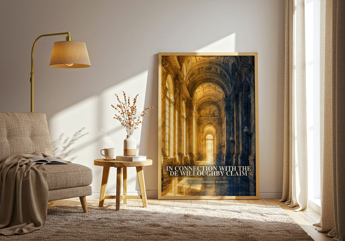 In Connection With The De Willoughby Claim watercolour print in frame leaning in hallway – historical fiction wall art (mockup)