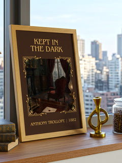 Kept In The Dark Classic Book Art Print by Anthony Trollope – framed print on a city-view windowsill