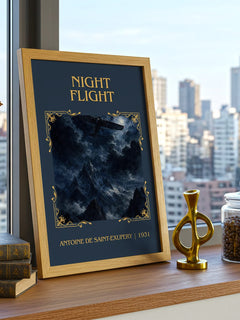 Night Flight Classic Book Art Print by Antoine De Saint-Exupery – framed print on a city-view windowsill