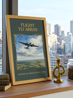 Flight To Arras Classic Book Art Print by Antoine De Saint-Exupery – framed print on a city-view windowsill