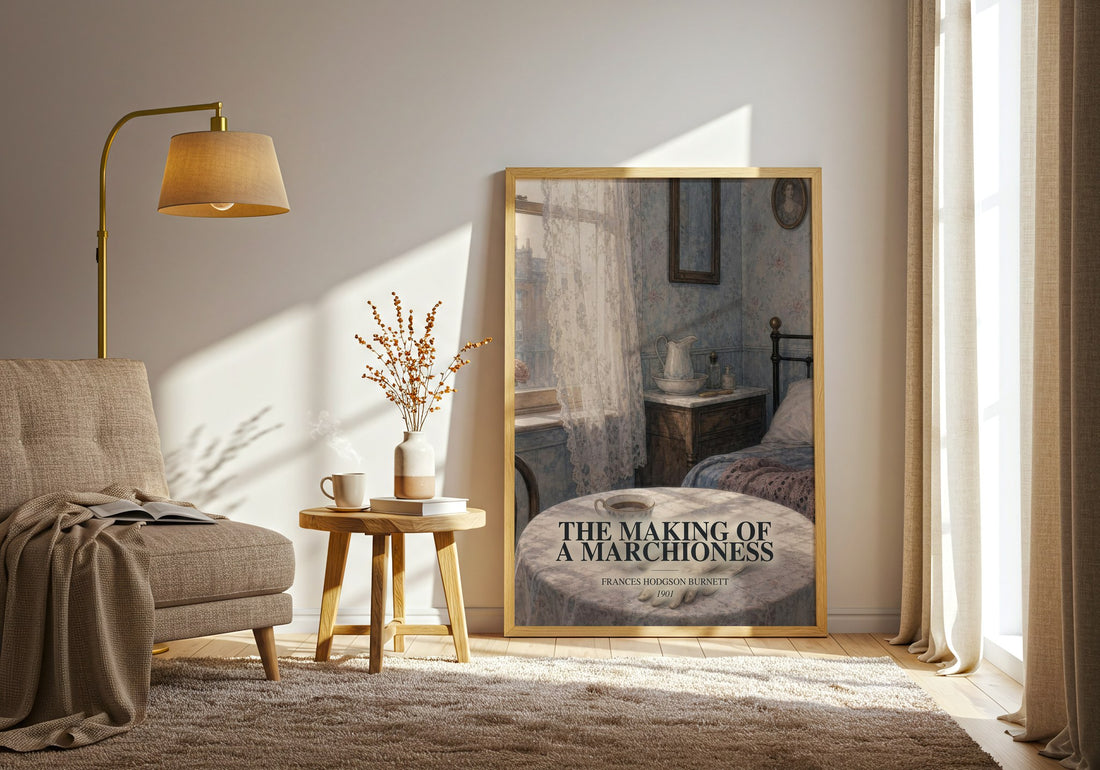 The Making Of A Marchioness watercolour print in frame leaning in hallway – romance wall art (mockup)
