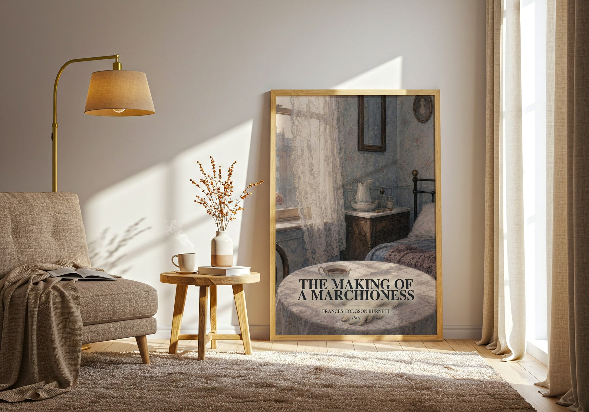 The Making Of A Marchioness watercolour print in frame leaning in hallway – romance wall art