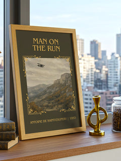 Man On The Run Classic Book Art Print by Antoine De Saint-Exupery – framed print on a city-view windowsill