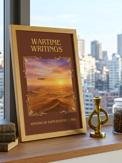 Wartime Writings Classic Book Art Print by Antoine De Saint-Exupery – framed print on a city-view windowsill