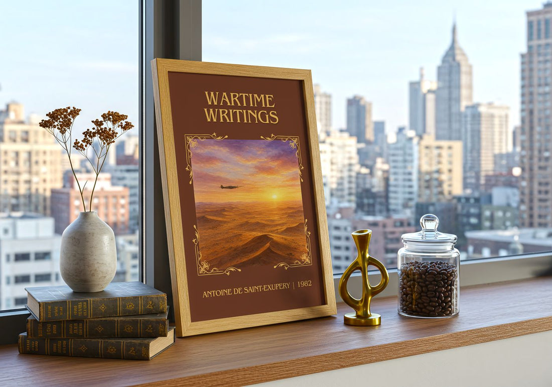 Wartime Writings Classic Book Art Print by Antoine De Saint-Exupery – framed print on a city-view windowsill