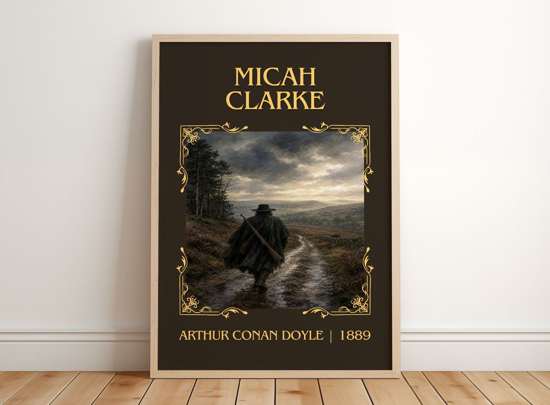 Micah Clarke Classic Book Art Print by Arthur Conan Doyle – framed print leaning on a wooden floor