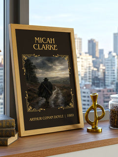 Micah Clarke Classic Book Art Print by Arthur Conan Doyle – framed print on a city-view windowsill