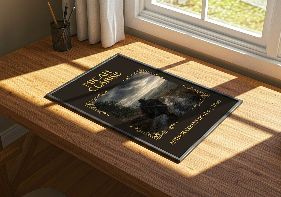 Micah Clarke Classic Book Art Print by Arthur Conan Doyle – print on a sunlit desk
